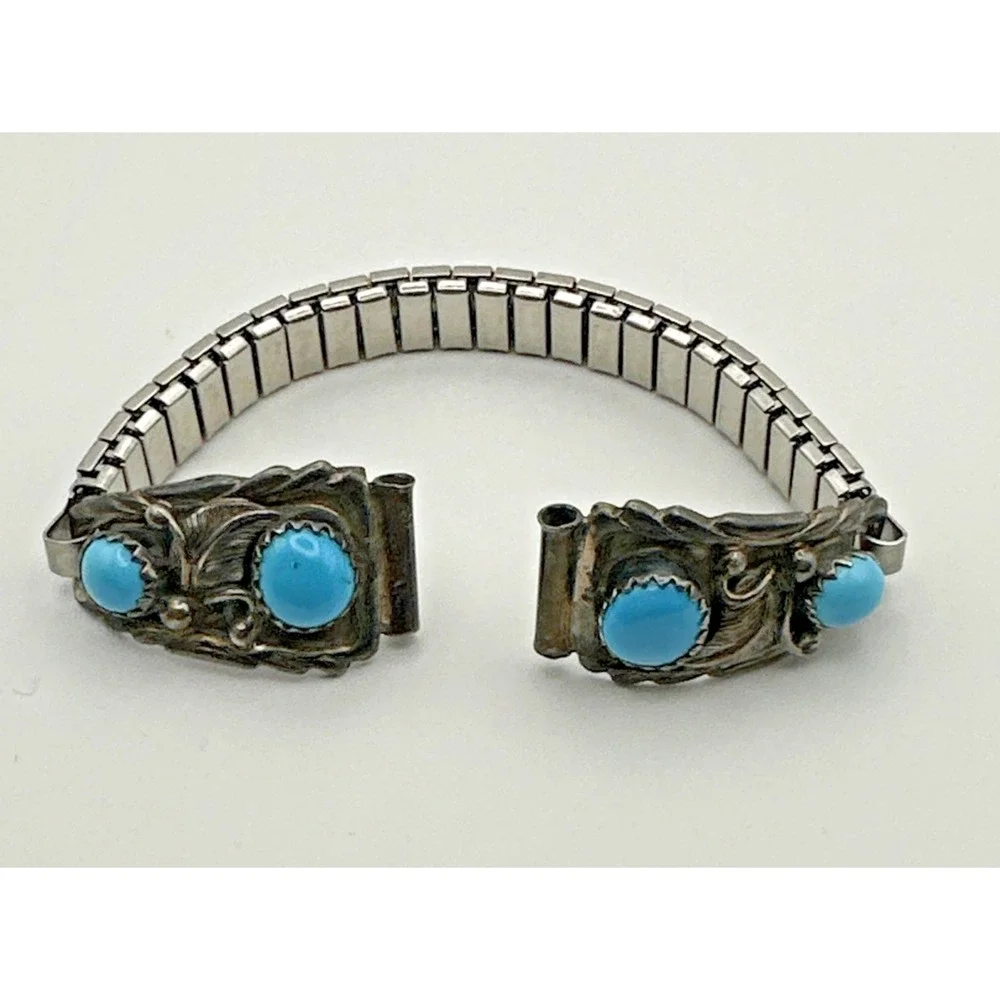 Vtg Signed RB Richard Begay Navajo Sterling Silver Turquoise Stretch Watch Band